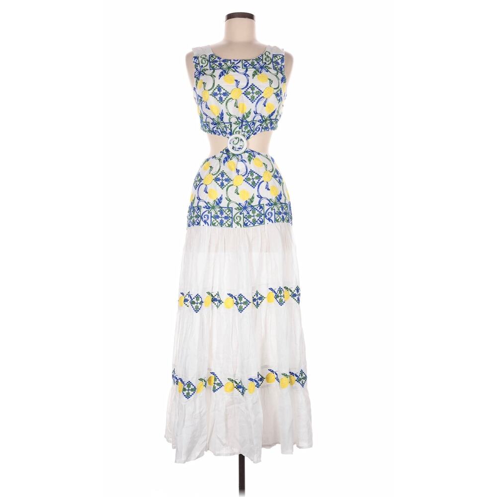 Positano Couture 100% Linen Lemon Embroidered Cutout Maxi Dress Made In Italy M
